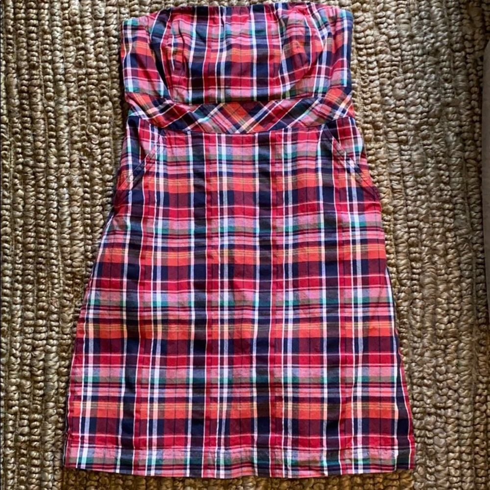 Vineyard Vines plaid strapless dress.